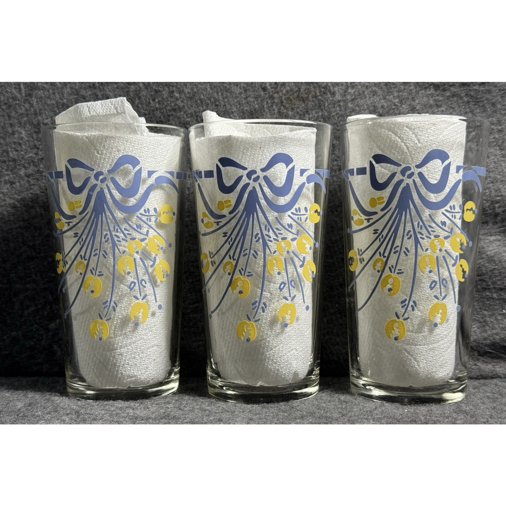 3 Vintage Retro Farmhouse Country Blue Yellow Bow Print Drinking Glasses 10 Oz
